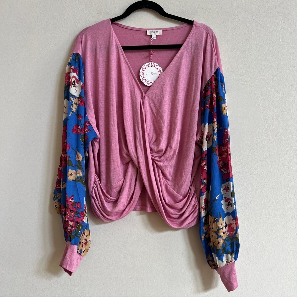 Umgee | Pink Floral Balloon Sleeve Top Large NWT - Picture 2 of 3